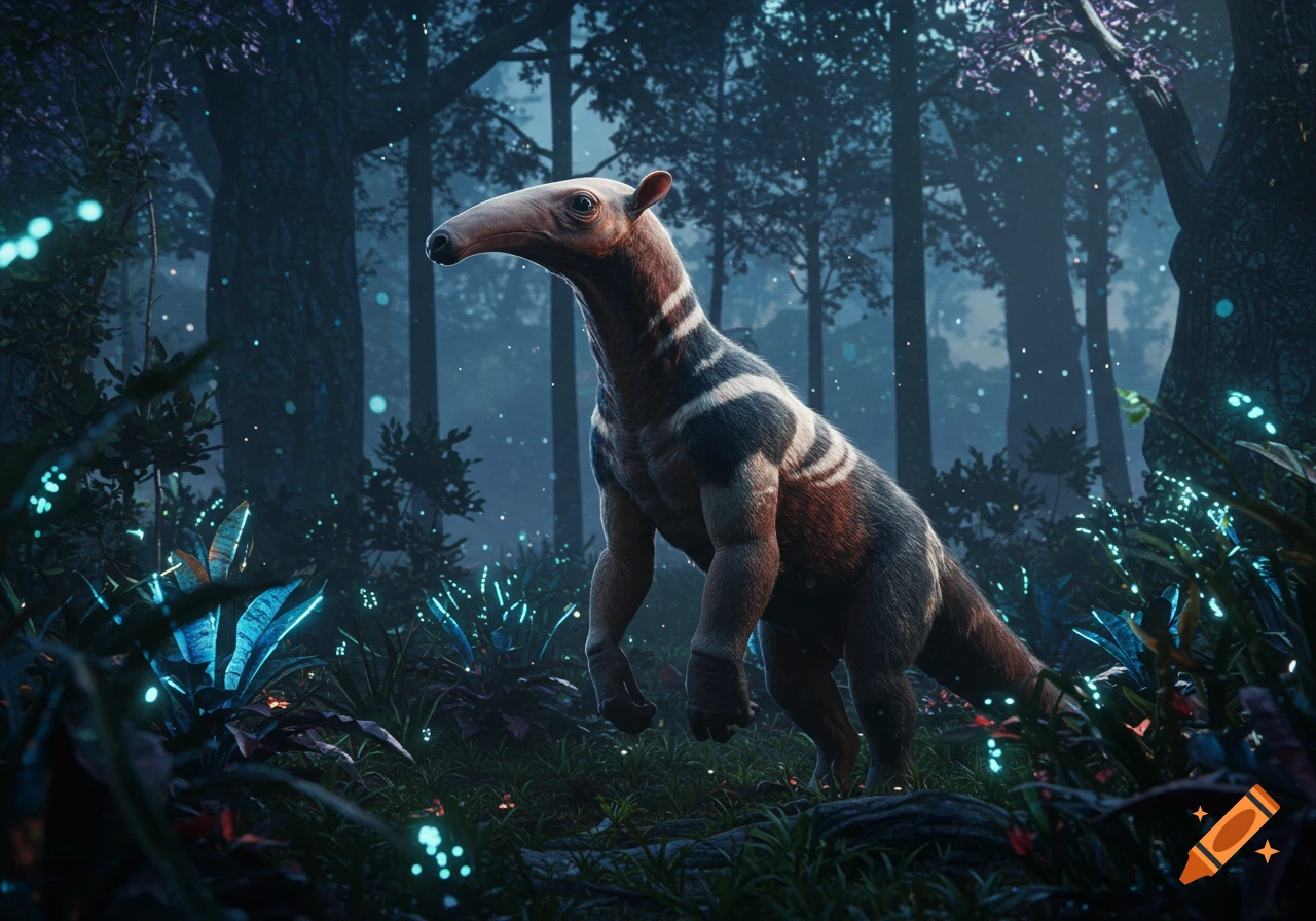 A bipedal anteater-like alien creature with stripes stands in a dark, bioluminescent forest at night.