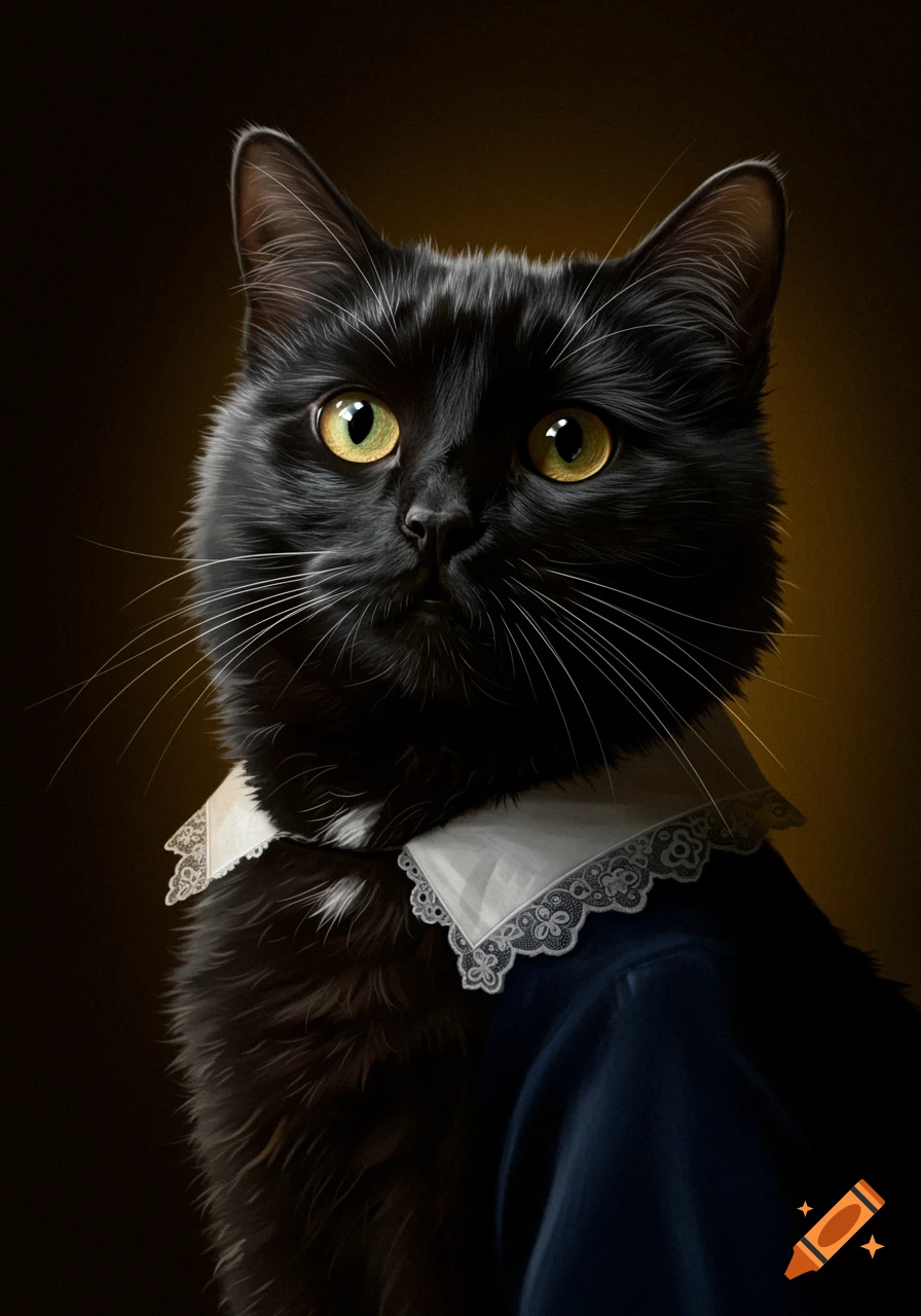 A black cat with bright yellow eyes wears a white lace collar and dark blue garment, depicted in a classical portrait style against a dark background.