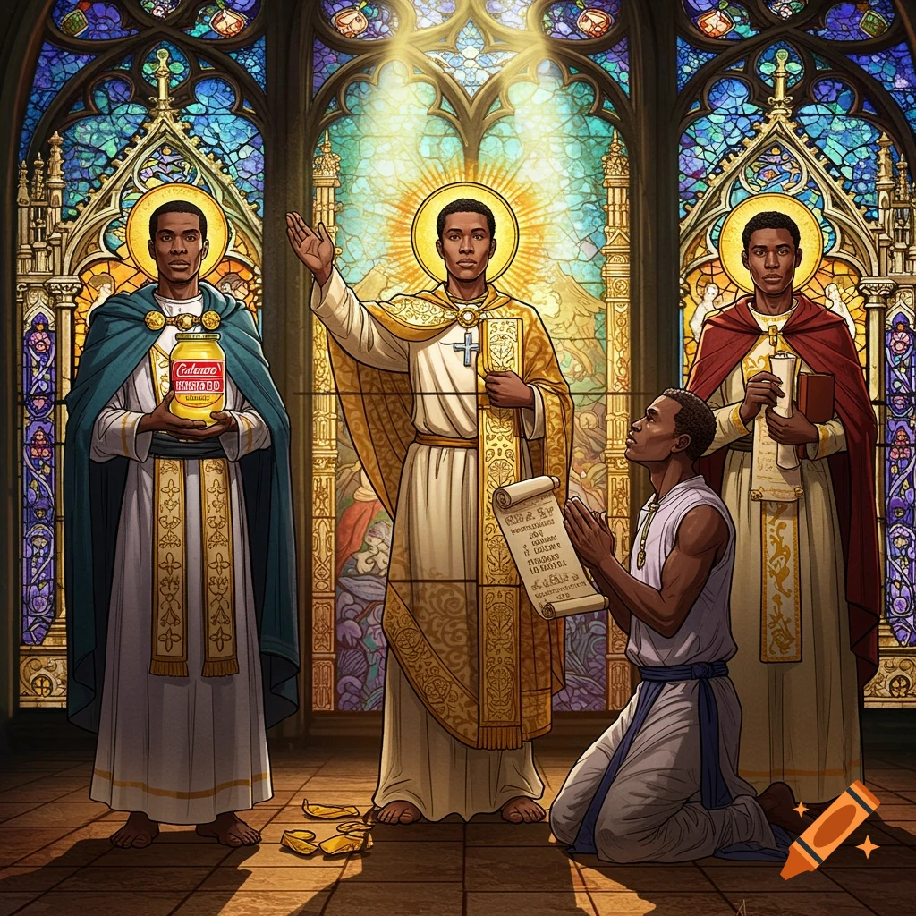 Stained glass window depicting four dark-skinned men in religious robes; one holds a jar, one preaches, one holds a scroll, and one kneels.
