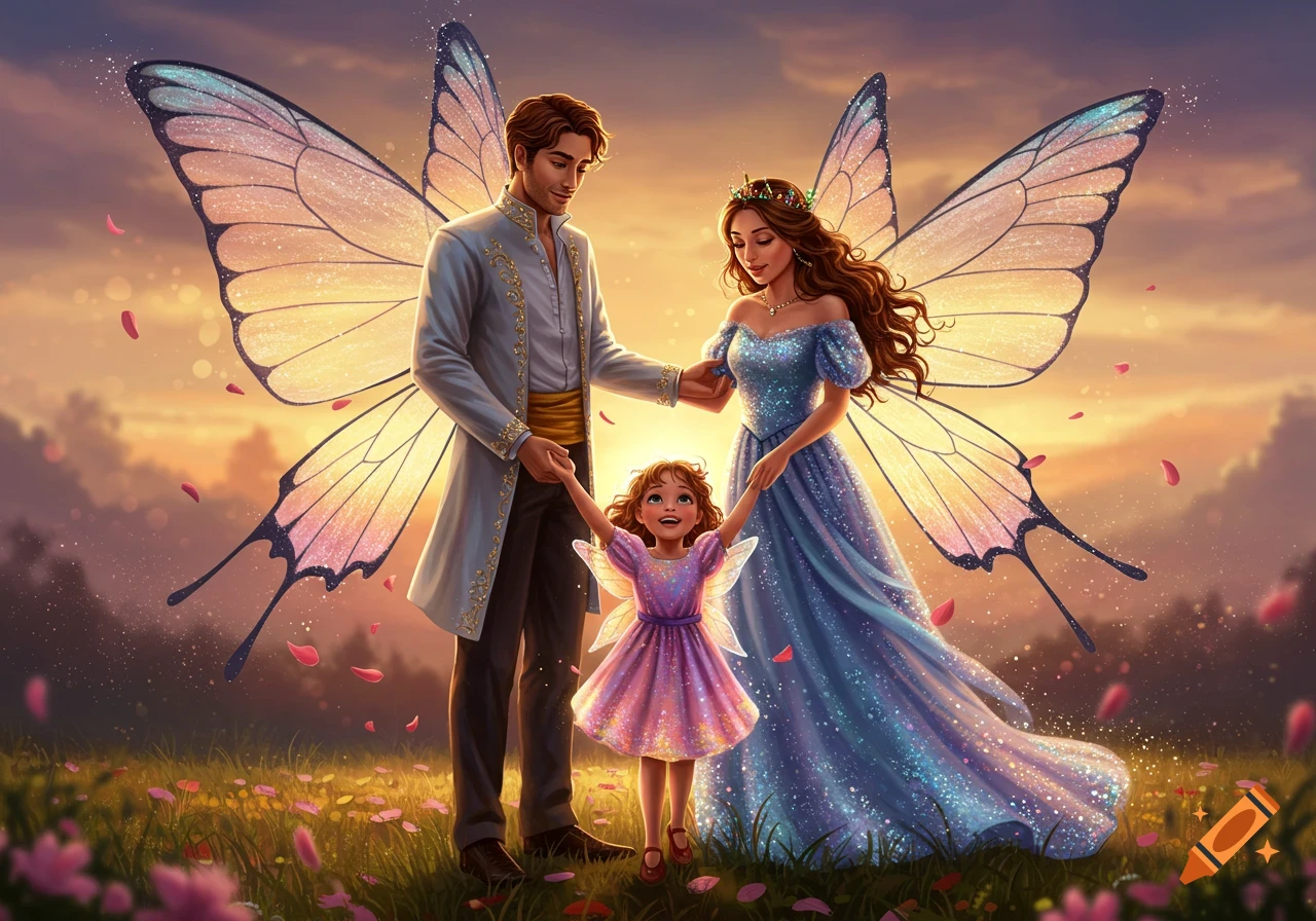 A fairy family, with a father, mother, and daughter, holding hands in a magical field with butterfly wings at sunset.