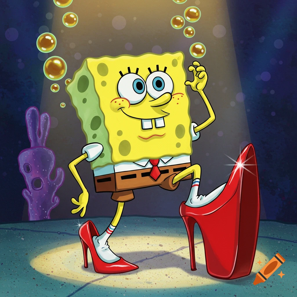 Cartoon Spongebob Squarepants in a spotlight, wearing red high heels and stepping into another, with bubbles and purple coral in the background.