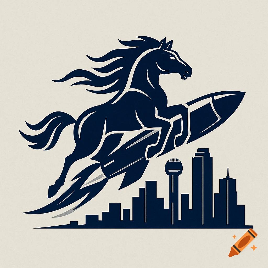 A dark blue minimalist logo of a horse riding a rocket over the Dallas city skyline including the Reunion Tower.
