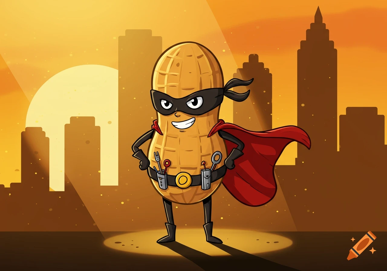 A cartoon peanut superhero wearing a black eye mask, red cape, and a utility belt with gadgets, standing in a spotlight against a sunset city skyline.