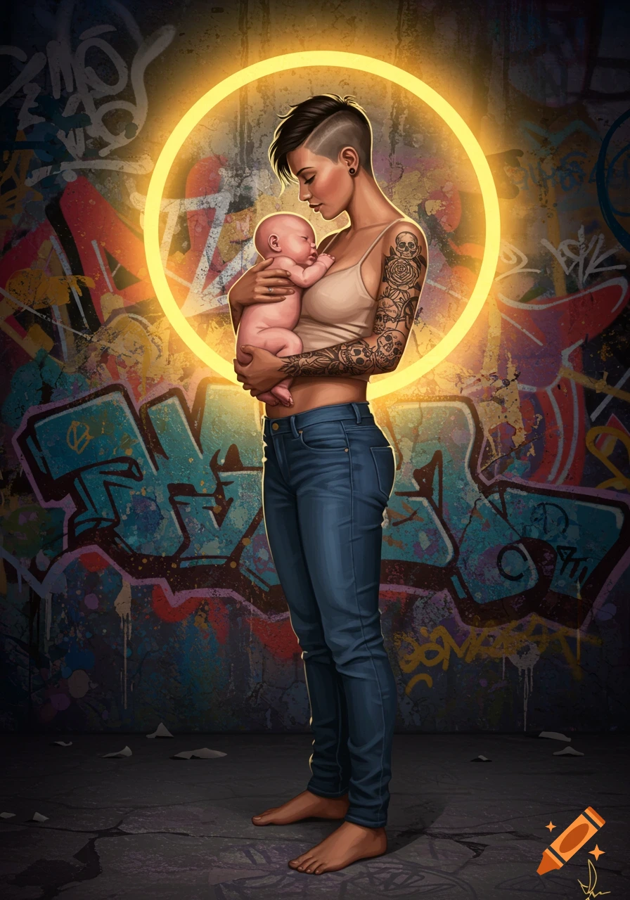 A stylized portrait of a contemporary mother with short hair and tattoos, holding her newborn baby against a vibrant graffiti wall with a golden glow around her head. She wears jeans and a camisole, barefoot.