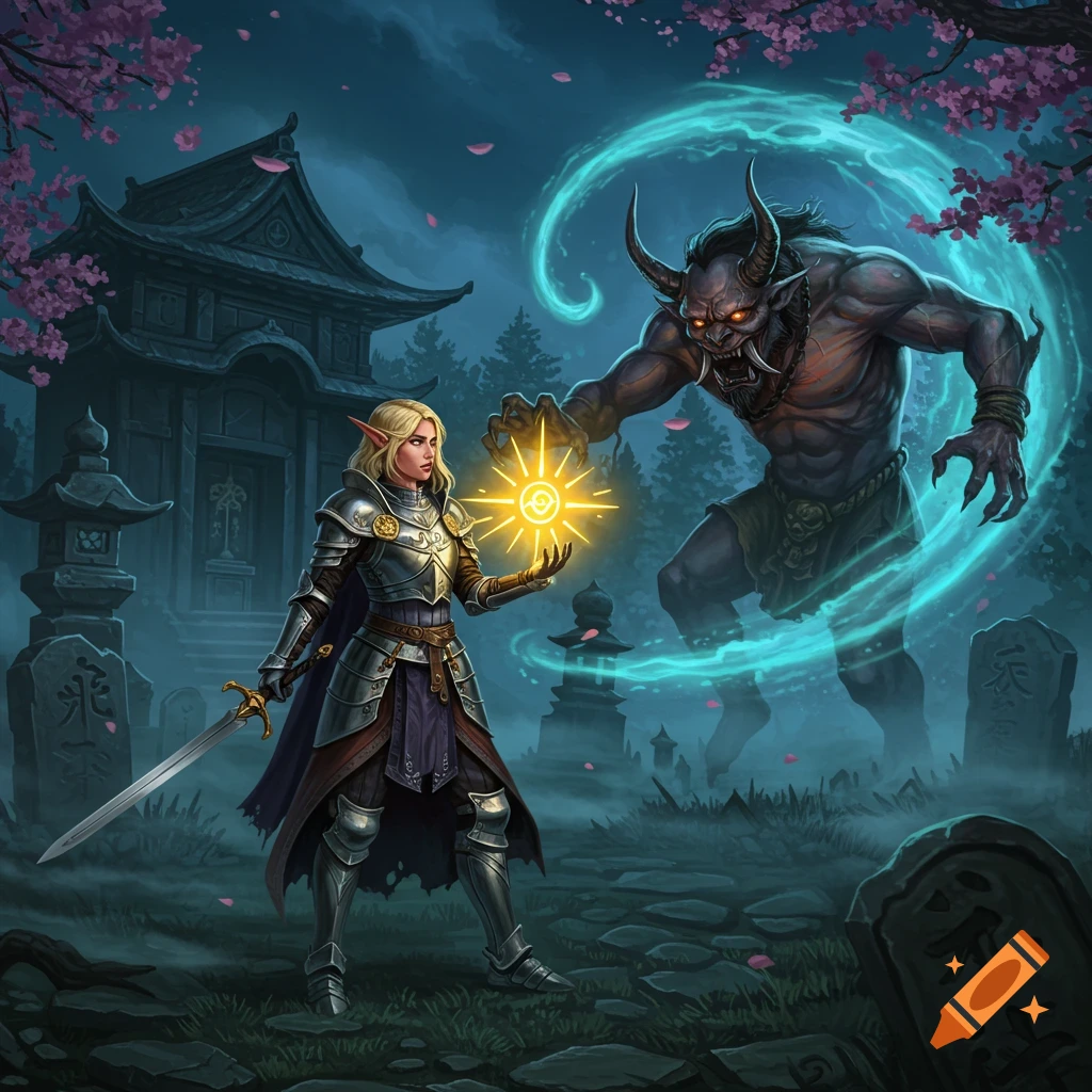 A blonde half-elf paladin in armor holds a glowing holy symbol towards a large, fierce Oni monster in a Japanese graveyard at night.