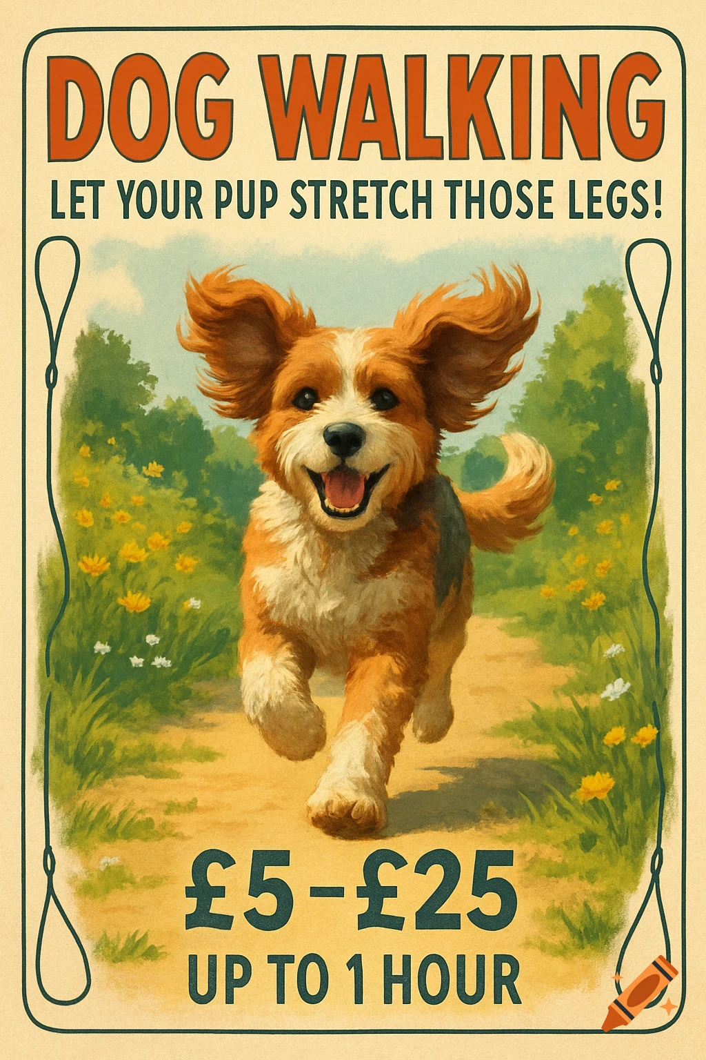 A vintage-style dog walking poster with a happy brown and white dog running on a path, text reads 'DOG WALKING' and '£5-£25 UP TO 1 HOUR'.