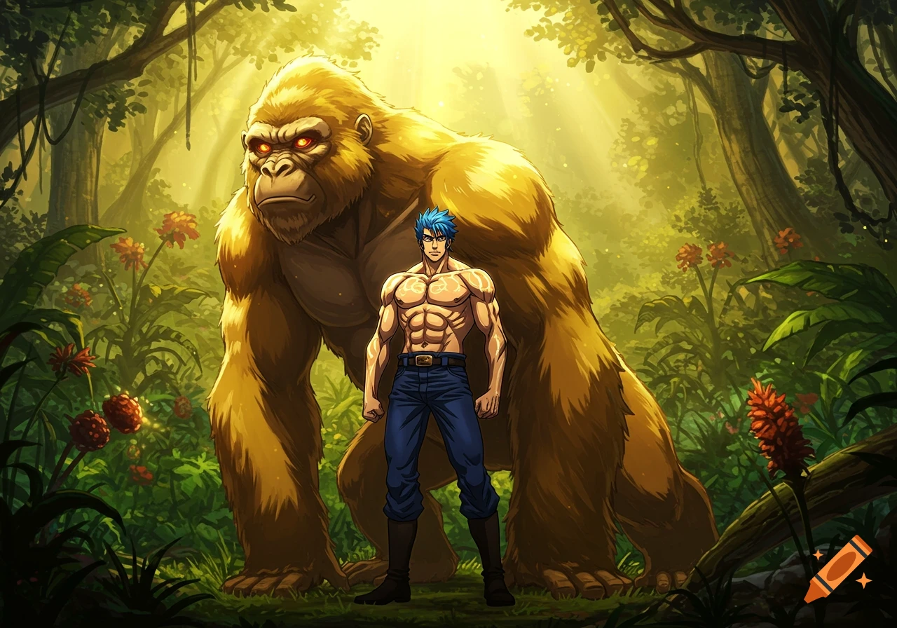 An anime man with blue hair stands in a jungle before a giant golden gorilla with glowing red eyes.