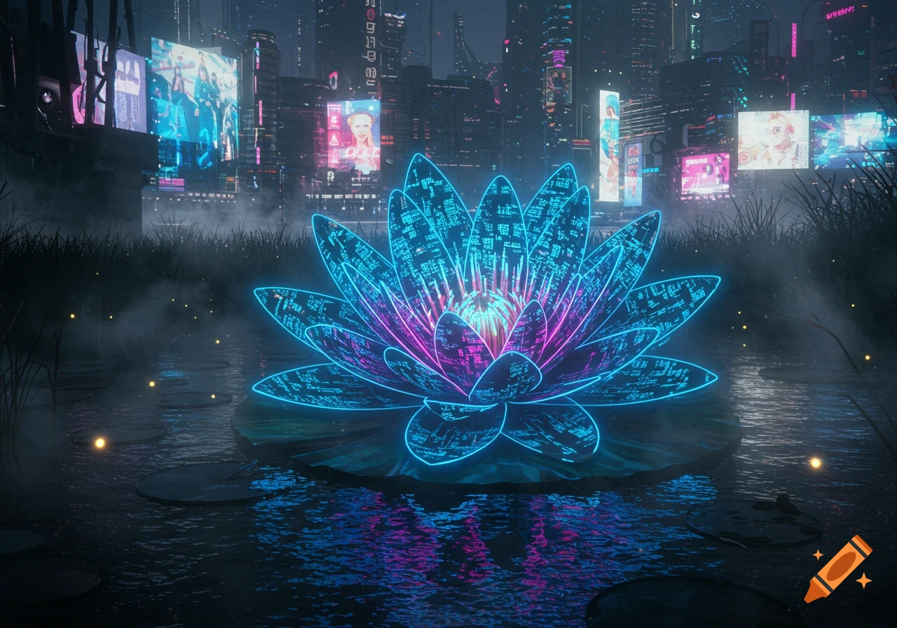 A glowing neon blue and pink lotus flower floats on dark water with reflections, set against a blurred cyberpunk city skyline at night.