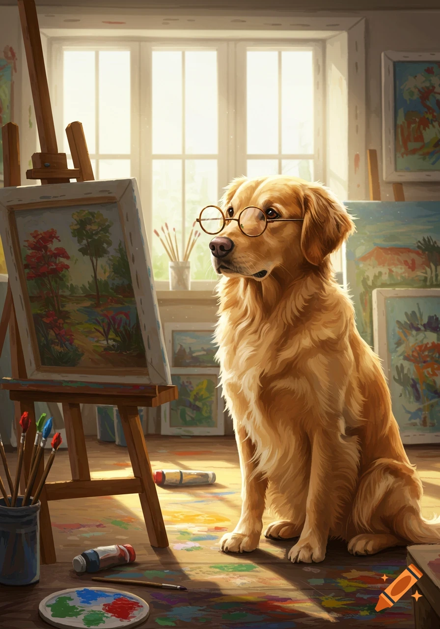 A golden retriever wearing round glasses sits thoughtfully in a sunlit art studio next to an easel with a painting on it.