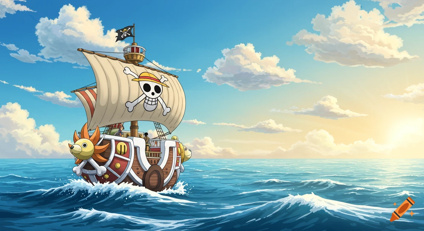 A vibrant anime illustration of the Thousand Sunny ship sailing on a blue ocean under a clear sky with scattered clouds.