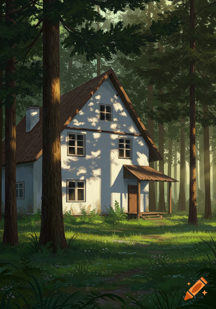 An illustrated white two-story house with a porch, nestled deep within a dense pine forest with sunlight filtering through the trees.