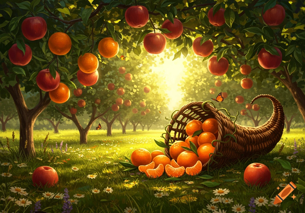 Vibrant orchard at sunrise with apple and orange trees, a cornucopia overflowing with oranges on grass among wildflowers.