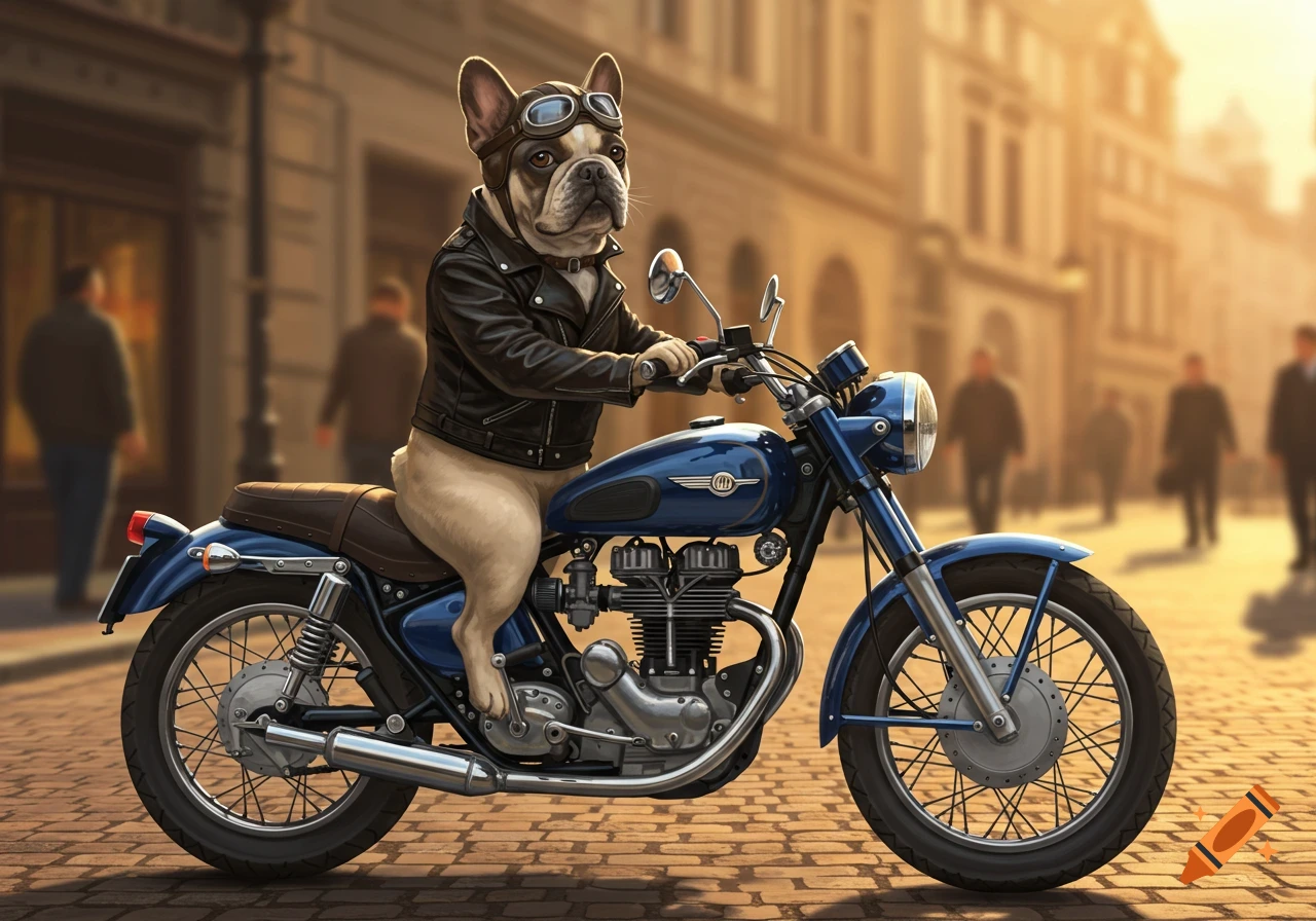 A French bulldog wearing goggles and a leather jacket rides a blue motorcycle on a cobbled street in a city.