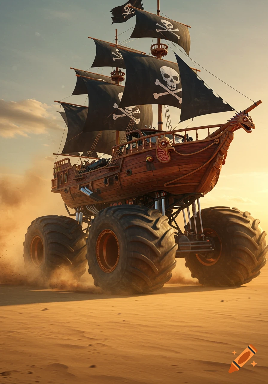 A pirate ship on monster truck wheels drives through a dusty desert at sunset, kicking up sand.