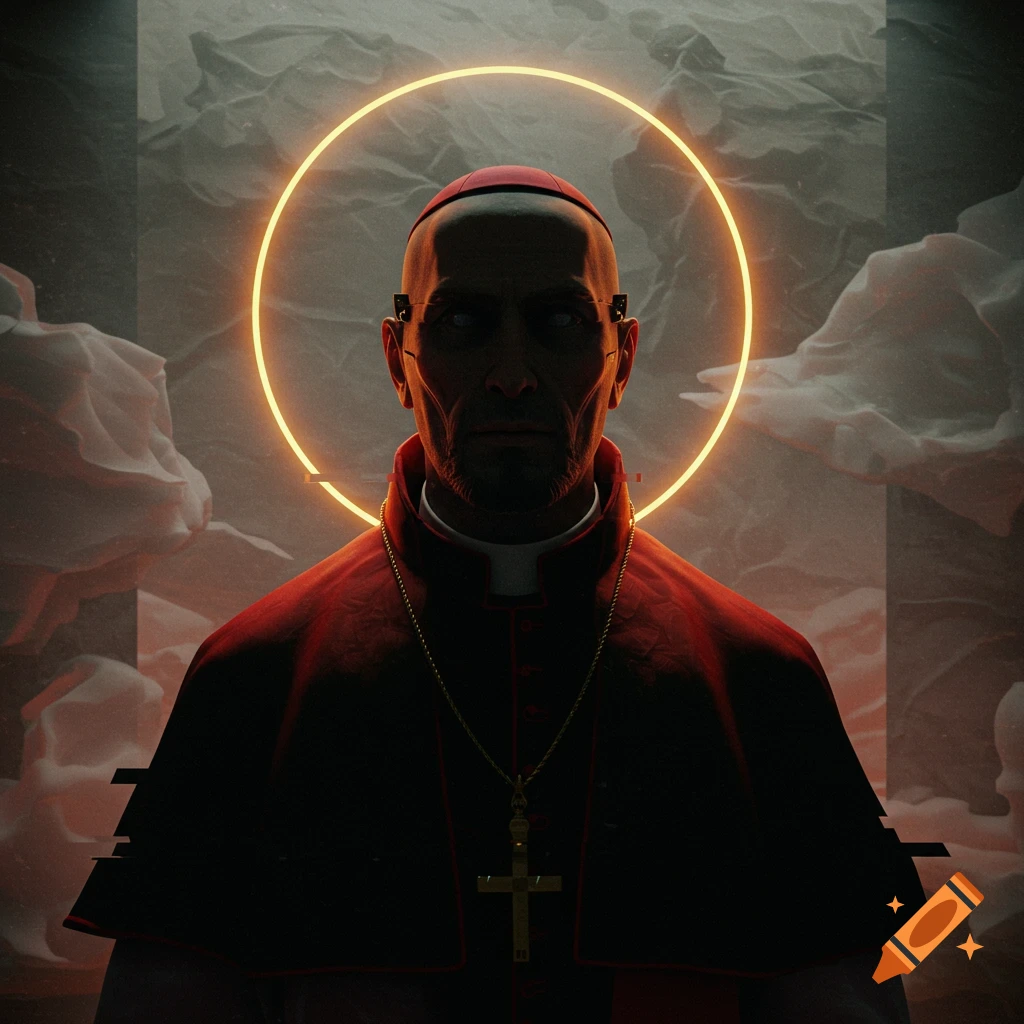 A dark, stylized digital portrait of a cyber pope in a red robe, wearing a golden cross and a glowing neon halo.