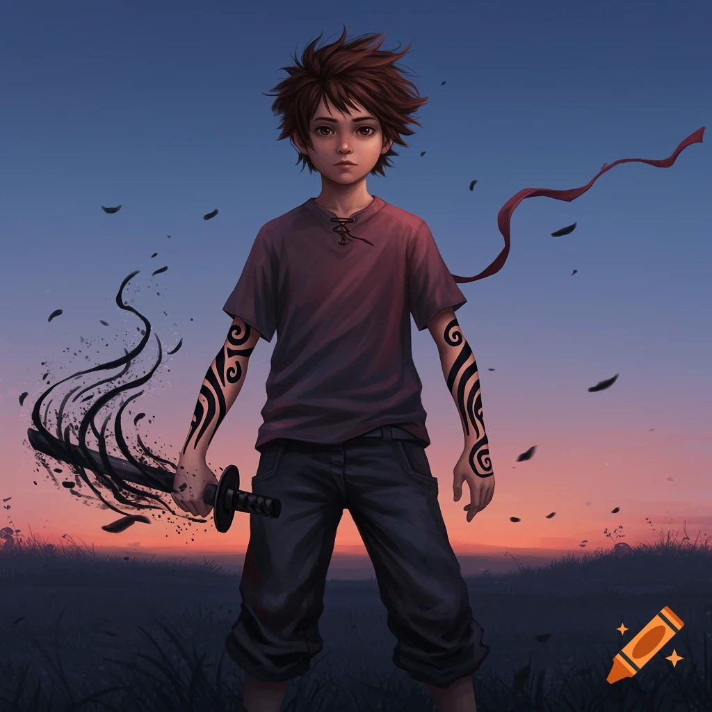 An illustrated boy with spiky brown hair, tribal arm designs, holding a katana emitting black smoke in a sunset field.