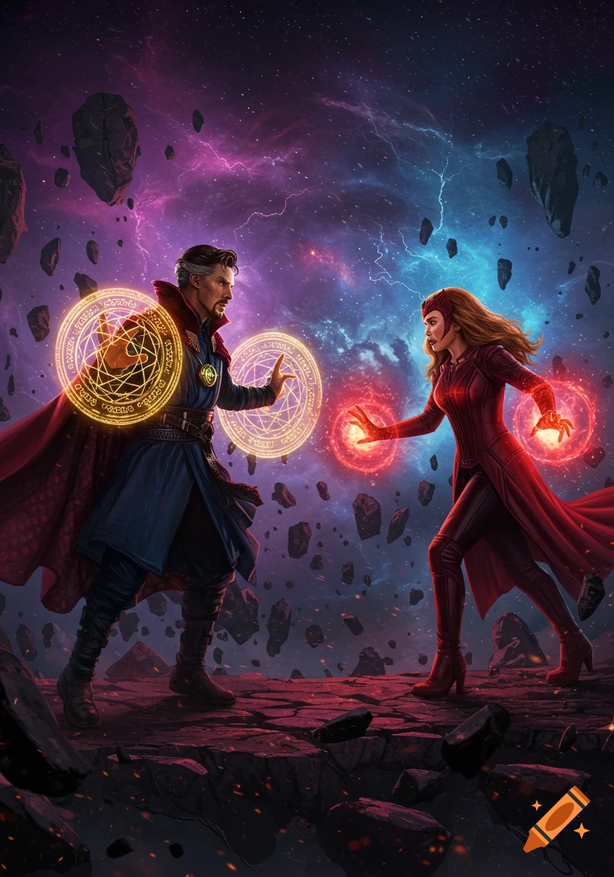 Doctor Strange and Scarlet Witch battle with glowing magic in a cosmic, fractured landscape.