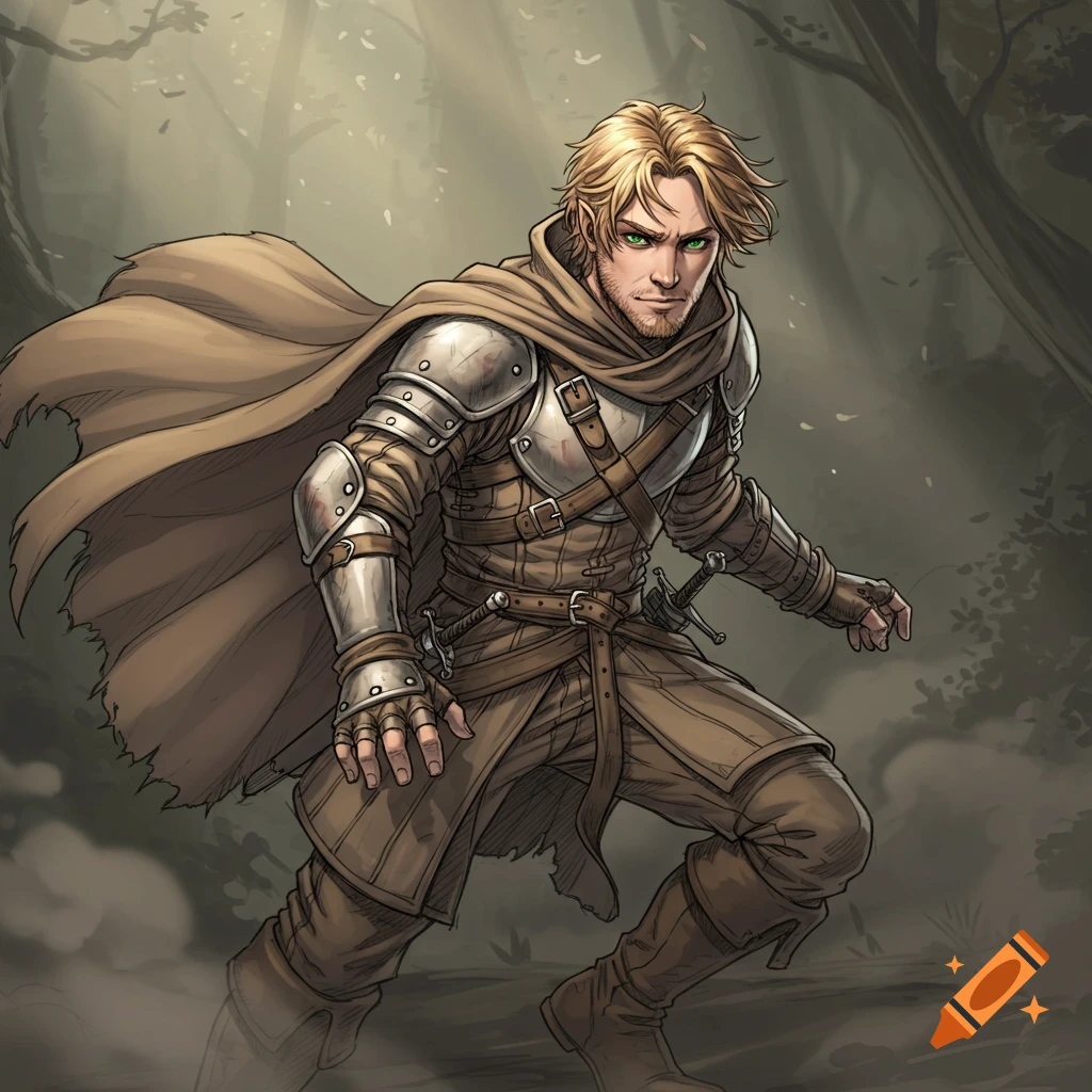 A blonde-haired male D&D rogue with green eyes and stubble, wearing leather armor and a cape, in a forest.
