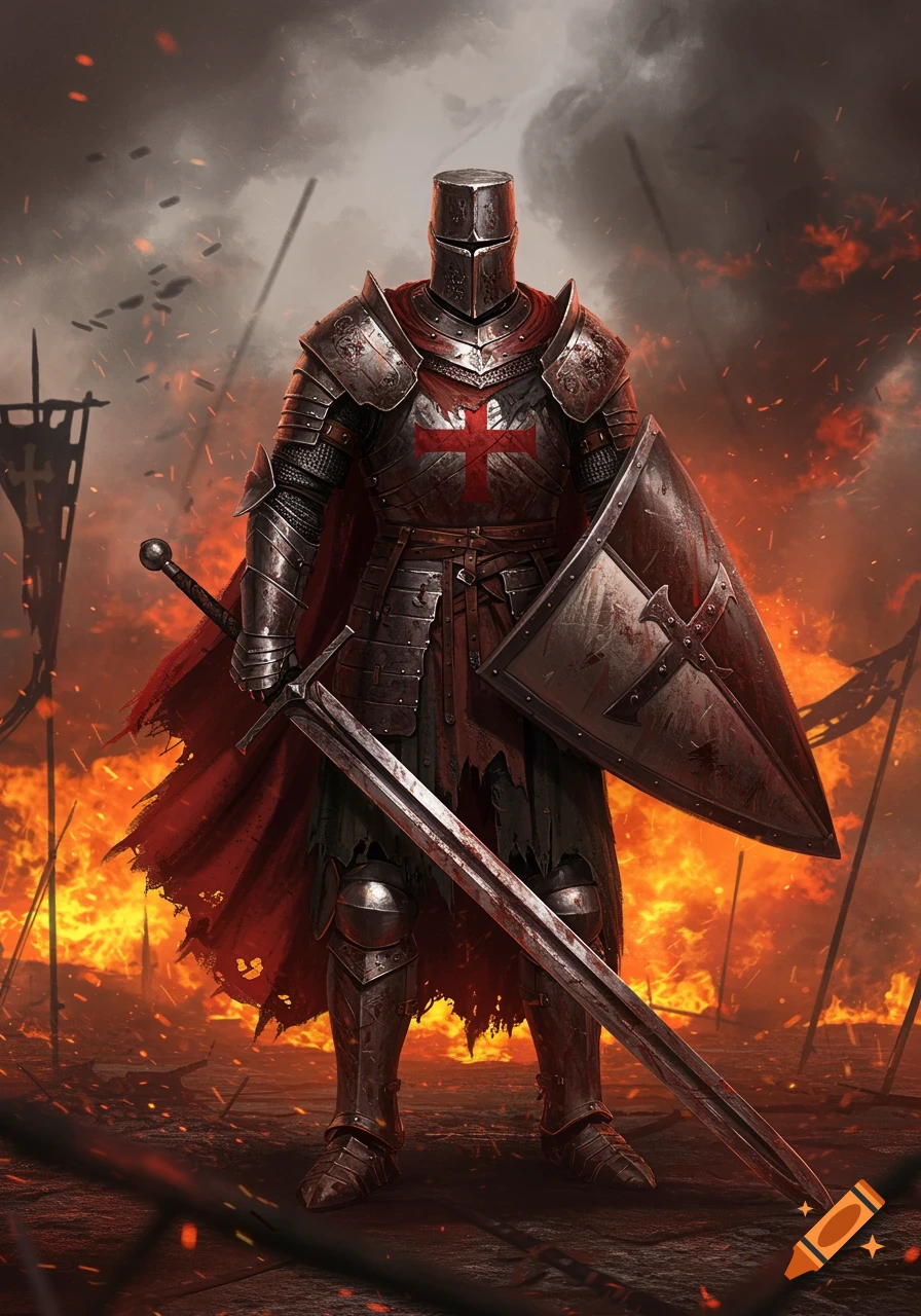 A battle-worn knight in full plate armor, holding a large sword and shield, stands amidst a fiery, smoke-filled battlefield.