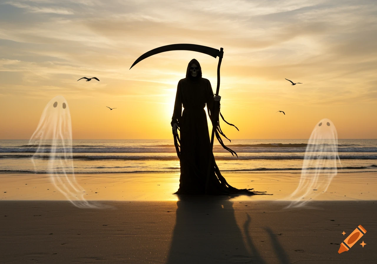 A silhouette of the Grim Reaper with a scythe stands on a beach with two ghosts during a vibrant sunset.