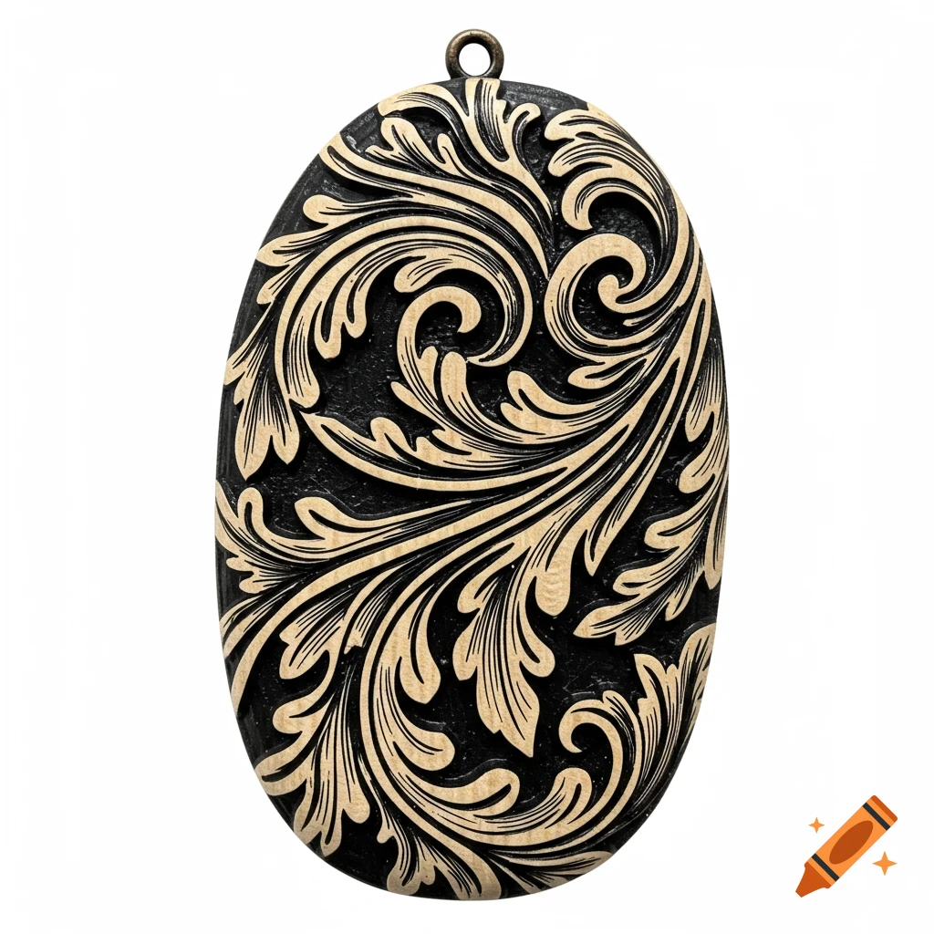 An oval carved wood pendant with intricate, high-contrast light leaf patterns on a black background.