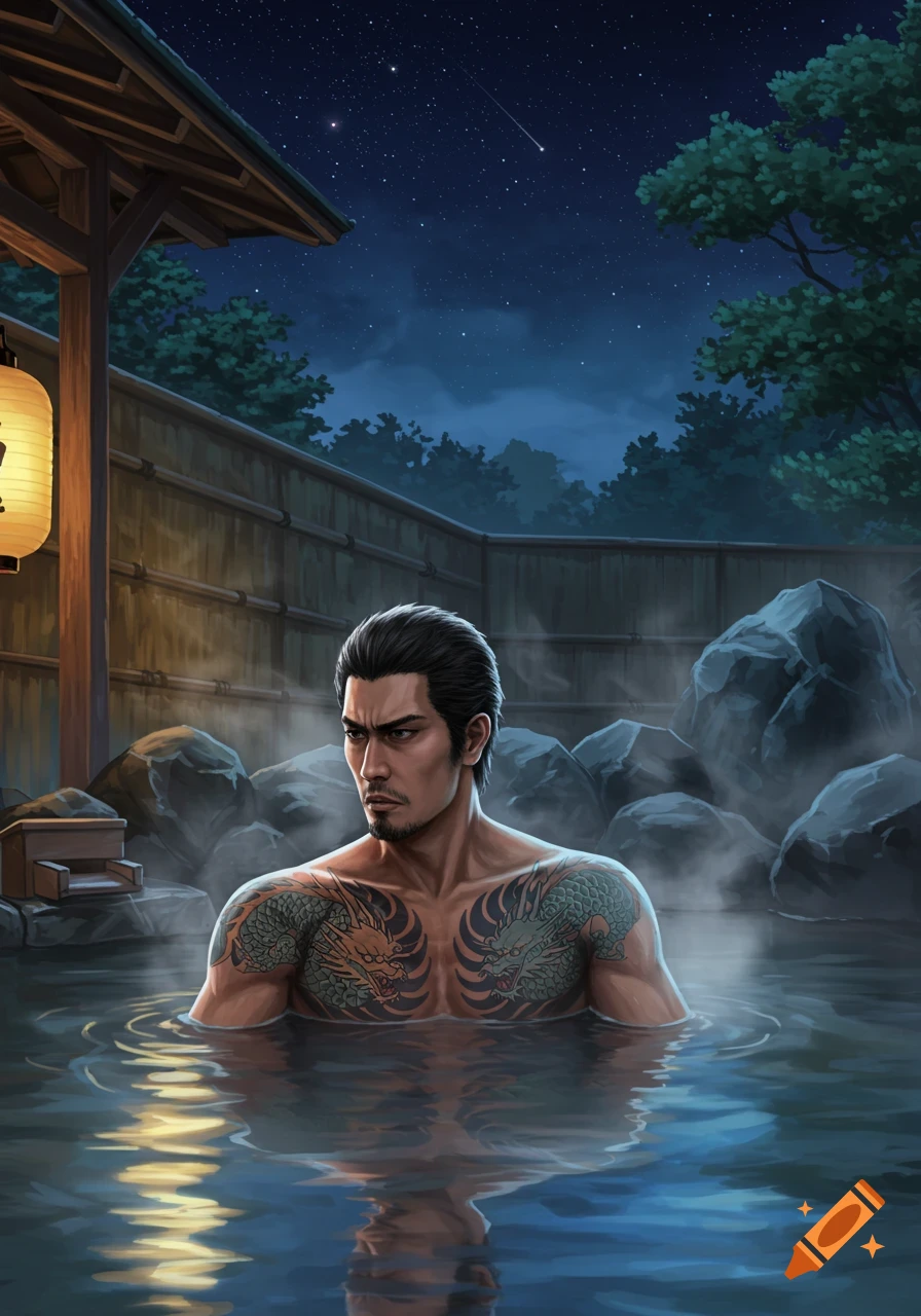 A heavily tattooed man with a stern expression relaxes in a steaming outdoor Japanese hot spring under a starry night sky.