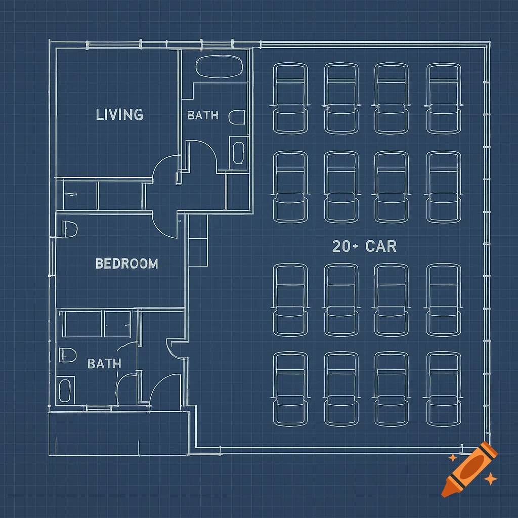 Blueprint of a house with a living room, bedroom, two bathrooms, and a large 20+ car garage, on a blue grid.