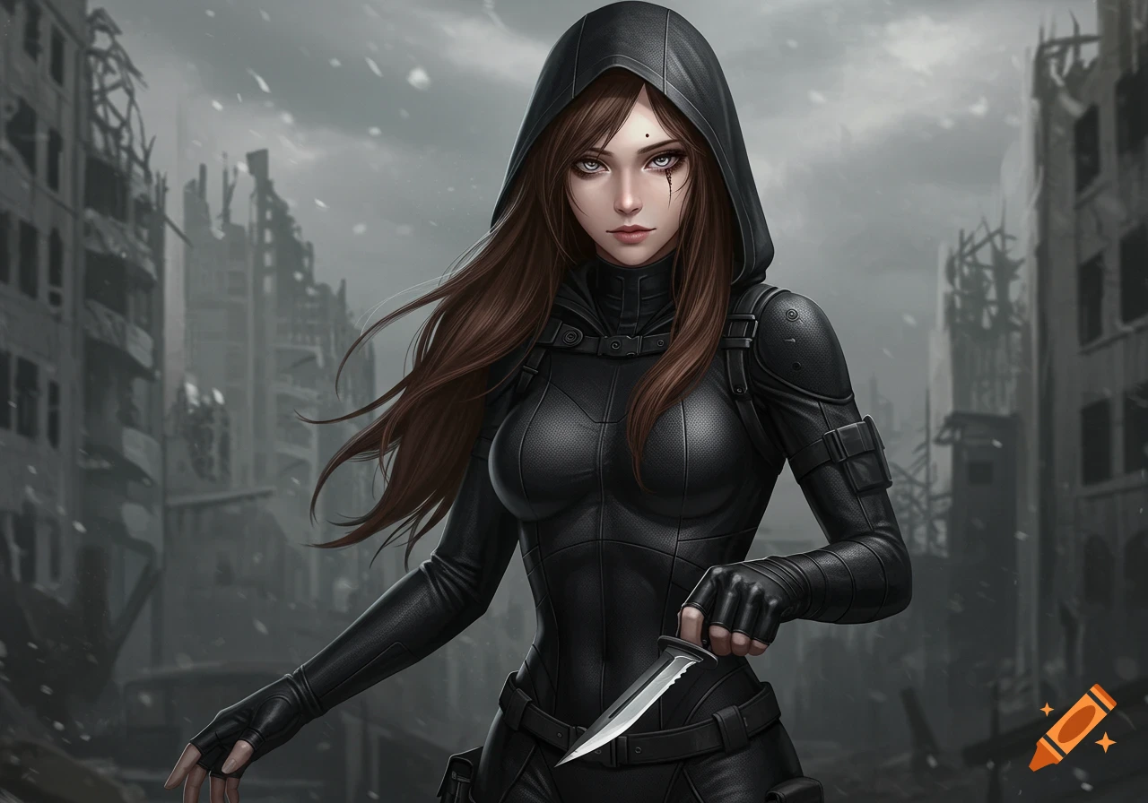 A woman in a black hooded combat suit holds a knife in a ruined, post-apocalyptic city in semi-realistic anime style.