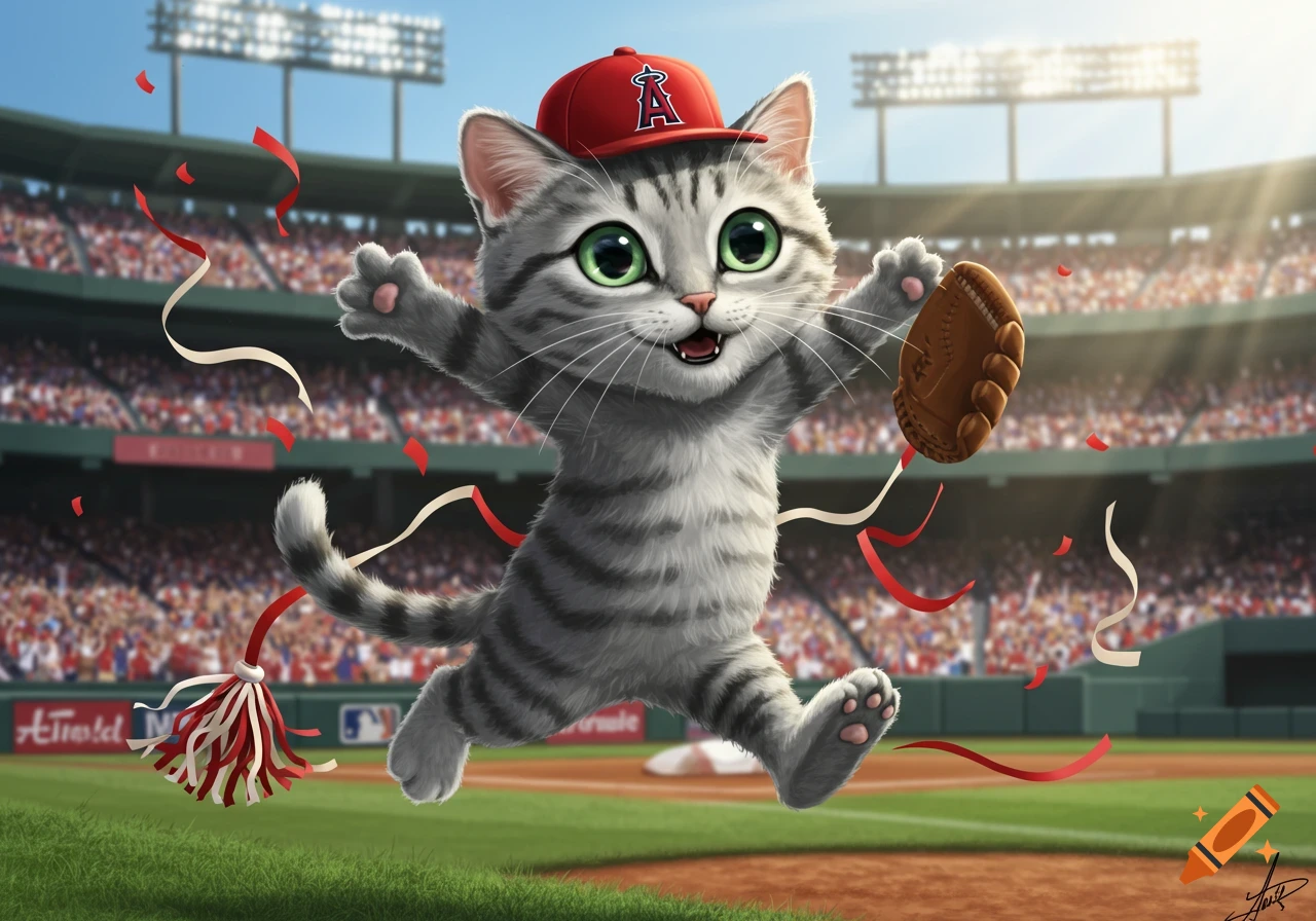 A cartoon gray tabby cat wearing a red baseball cap and holding a glove, jumping happily in a baseball stadium with confetti.