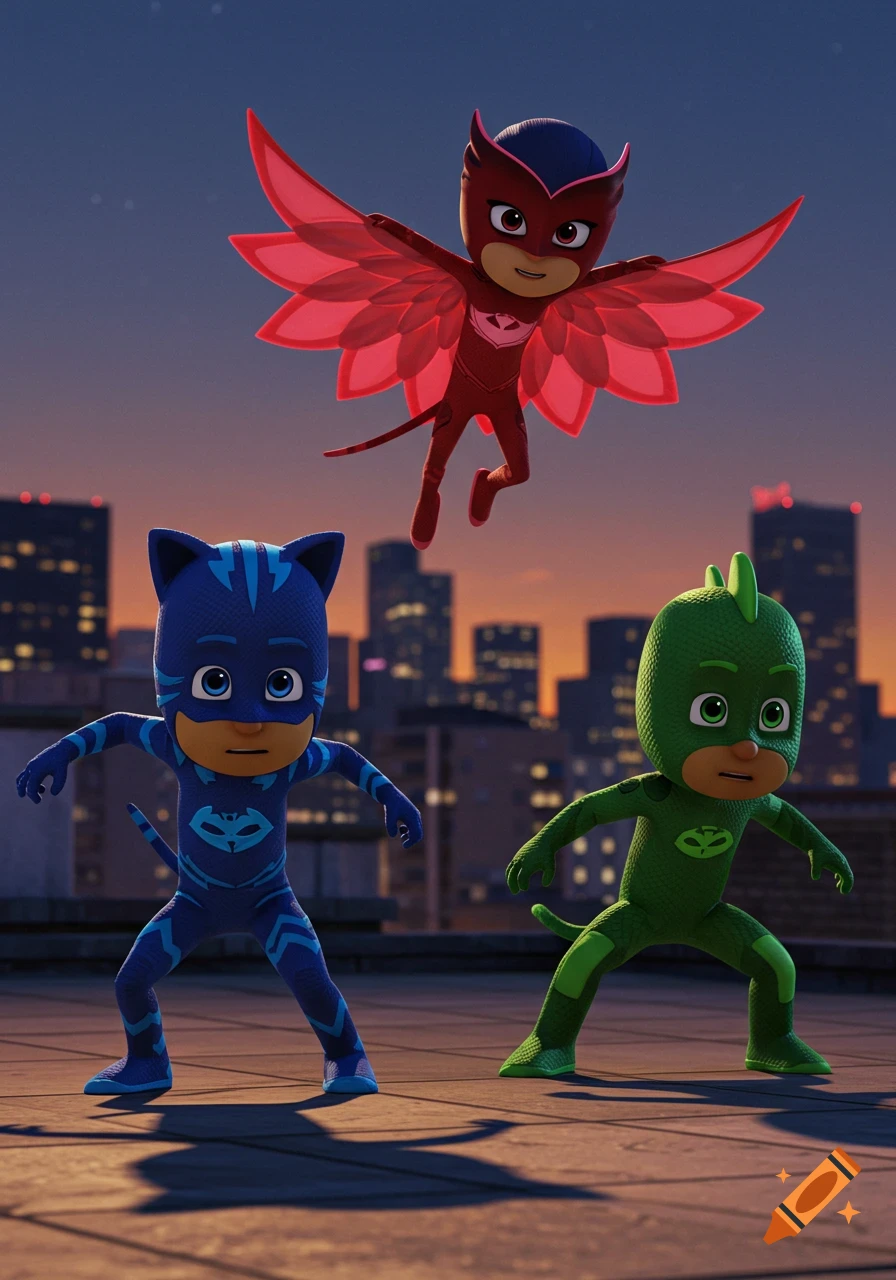 Three PJ Masks characters, Owlette, Catboy, and Gekko, on a city rooftop at dusk with buildings in the background.