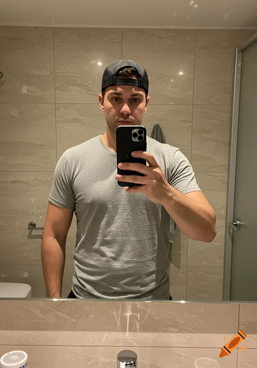 A man wearing a grey t-shirt and black baseball cap taking a mirror selfie in a bathroom.