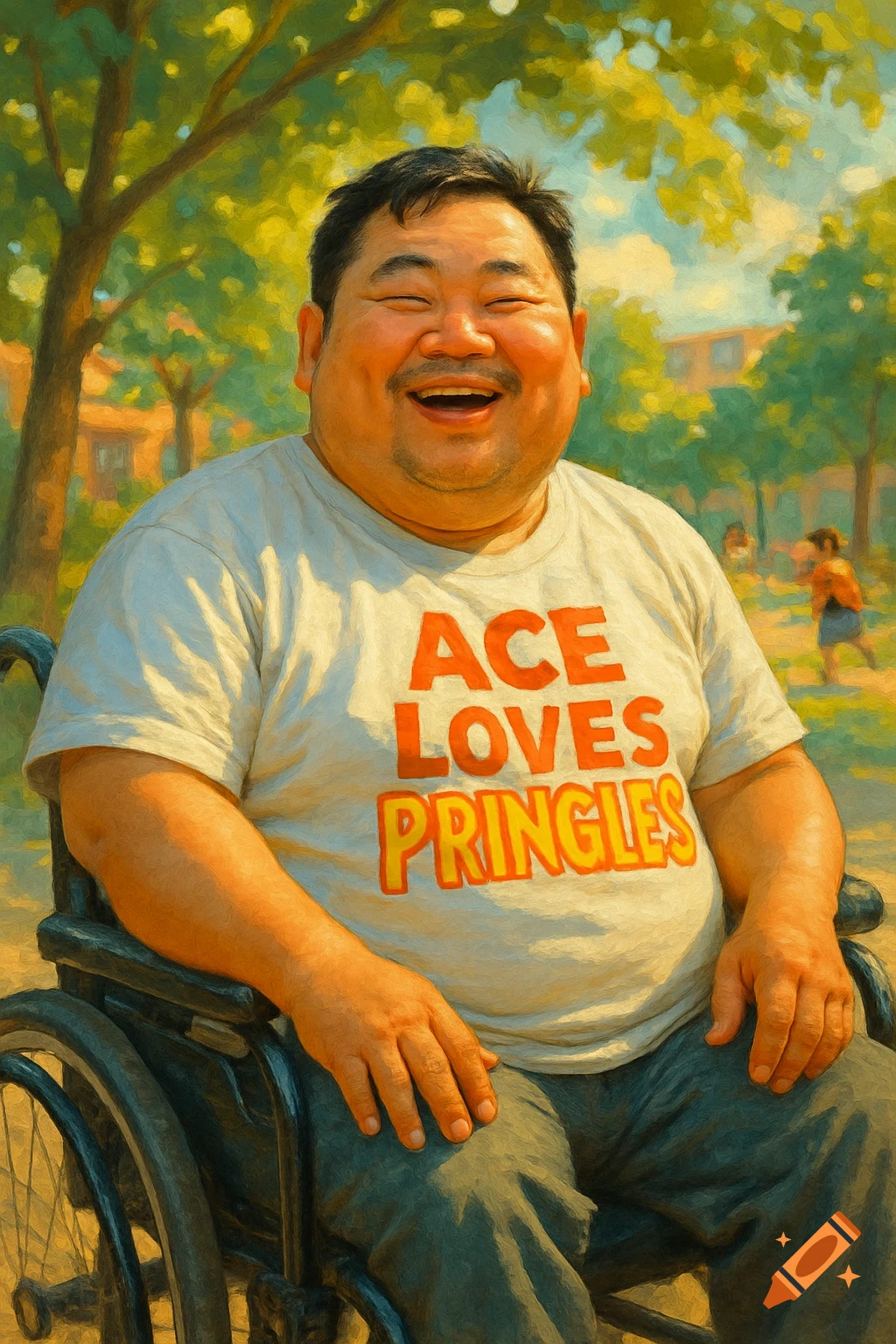A joyful man in a wheelchair wearing an 'ACE LOVES PRINGLES' t-shirt in a sunny park, painted in an impressionistic style.