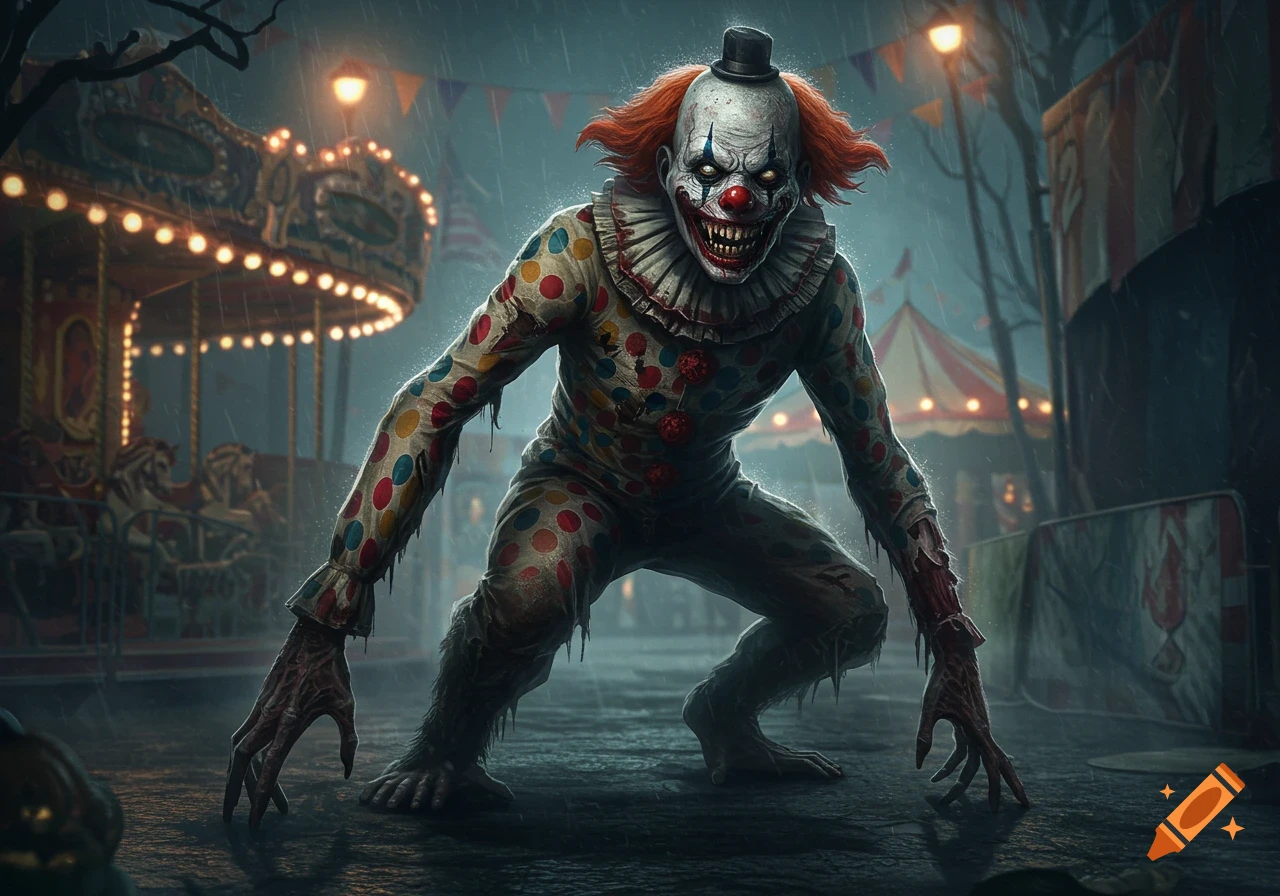 A monstrous clown with a distorted face, sharp teeth, and clawed hands crouches in a dark, rainy carnival at night.