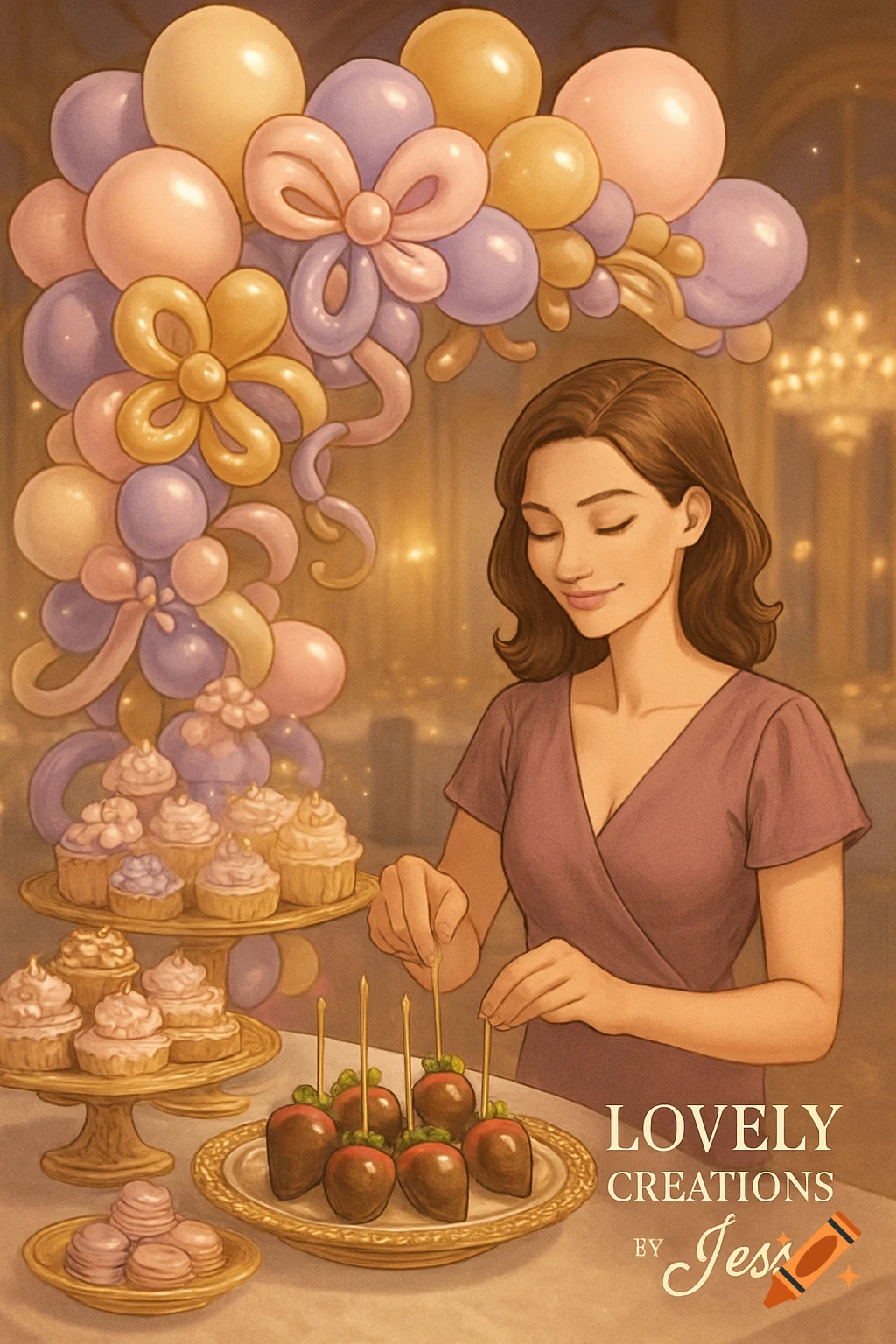 An animated illustration of a woman decorating chocolate-covered strawberries. She stands next to tables with cupcakes, macarons, and a large balloon arch.