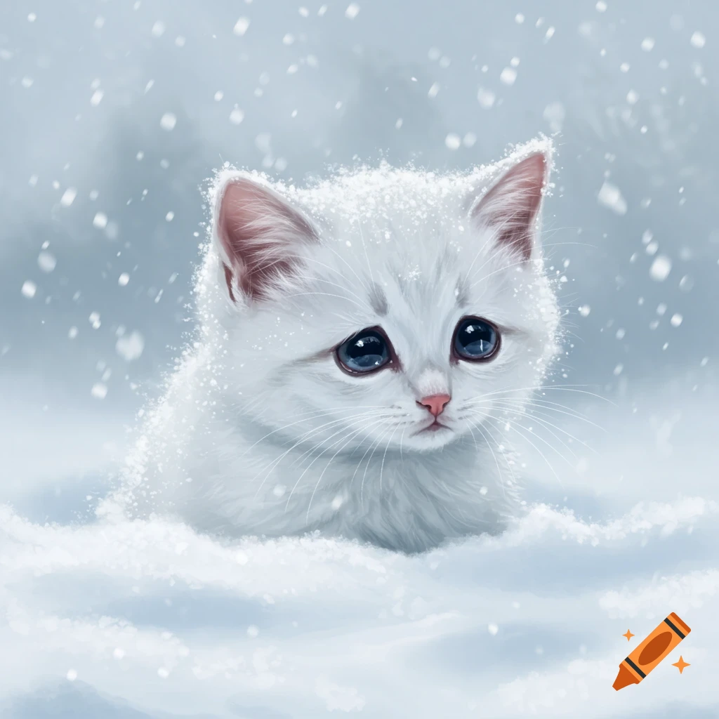 A sad-looking white kitten with large blue eyes covered in snow, sitting in a snowy landscape during a snowfall.