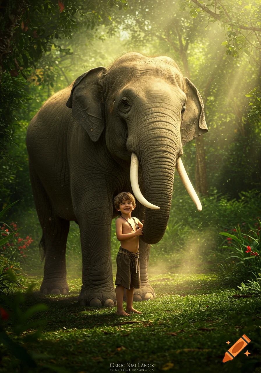 A young boy stands next to a large elephant, receiving a gentle trunk hug in a sun-dappled jungle. Photorealistic style.