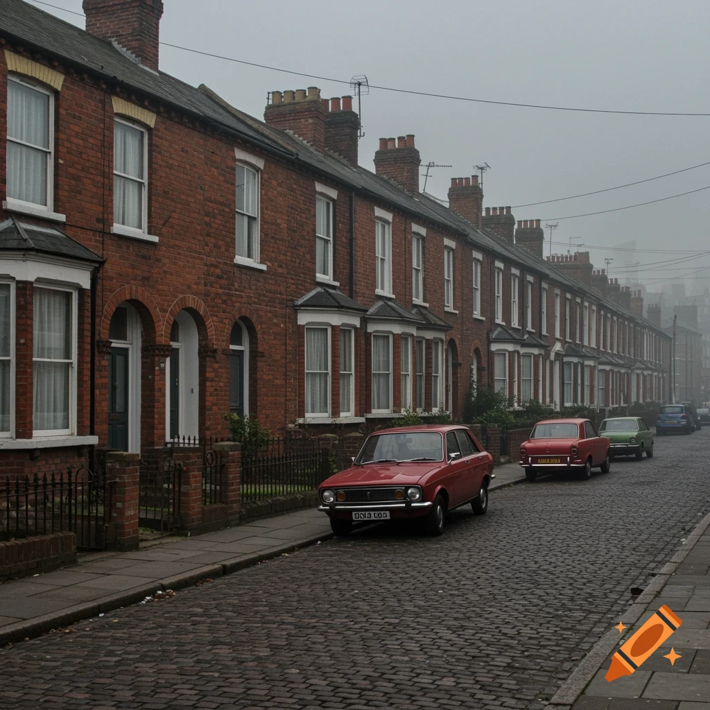 A street lined with red brick terraced houses on a cloudy day, with a red classic car and other vehicles parked on a cobbled street.