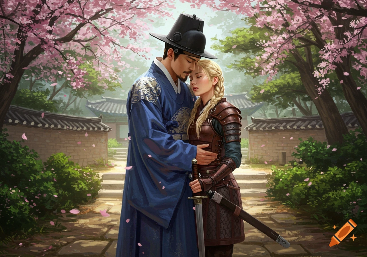 An illustrated Joseon prince in blue robes embracing a blonde warrior in leather armor, under cherry blossoms in a Korean palace garden.