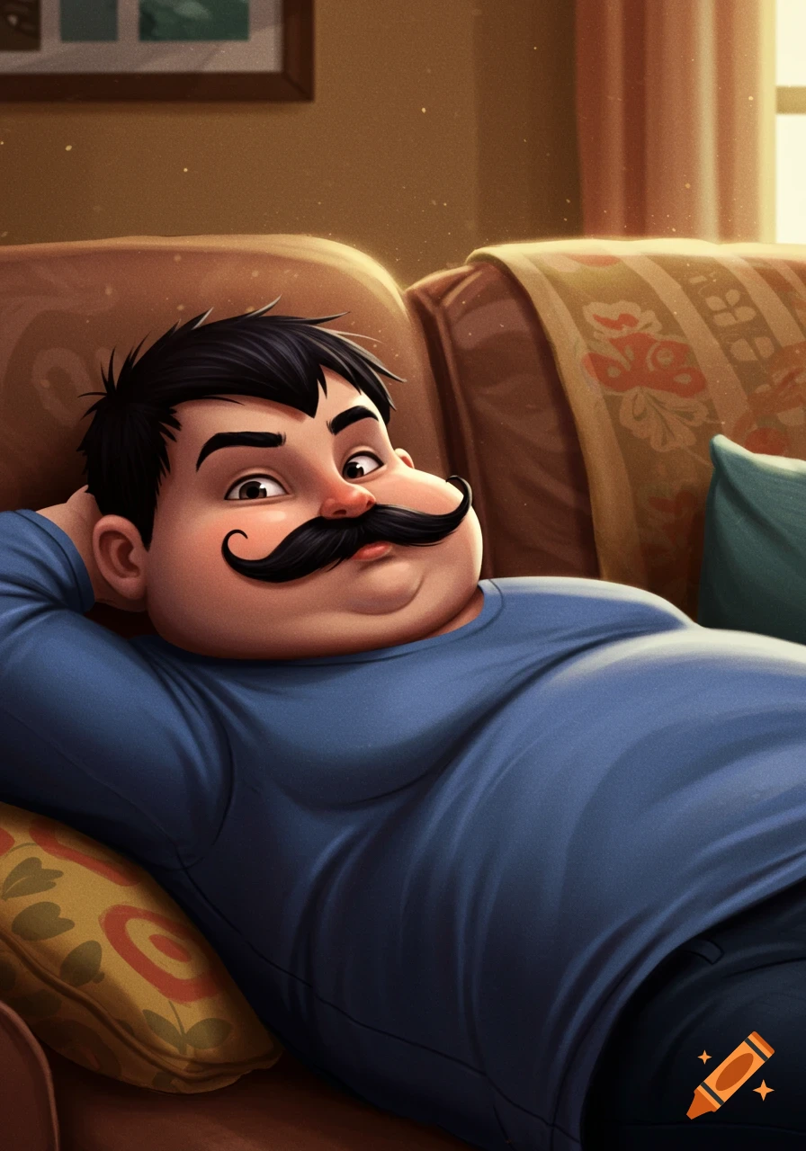 A cartoon illustration of a chubby man with a large mustache and black hair, wearing a blue shirt, relaxing on a brown couch.