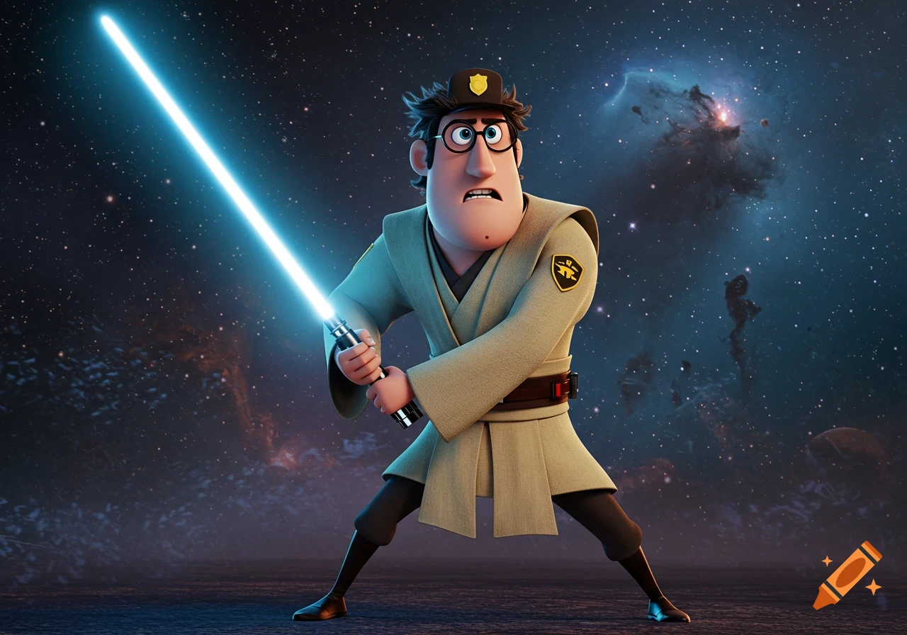 A cartoon character, similar to Officer Earl, dressed as a Star Wars Jedi, holds a glowing blue lightsaber in space.
