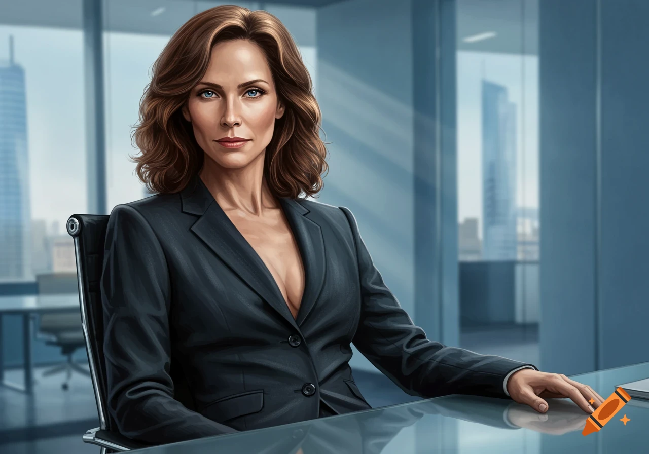 A middle-aged woman with brown hair and blue eyes, wearing a dark suit, sitting at a desk in a modern office.