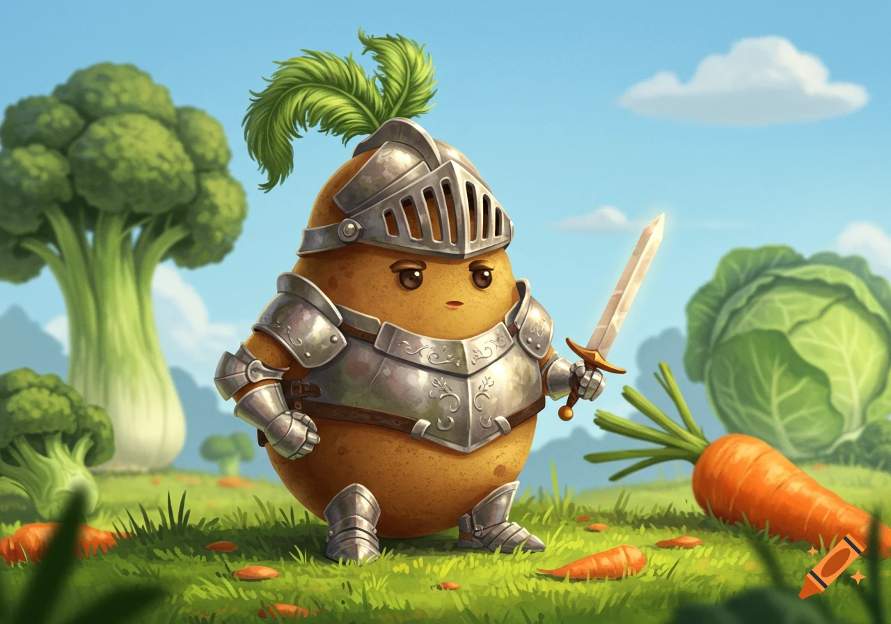 A cartoon potato knight in armor holds a sword in a field with giant vegetables under a blue sky, in an illustrative style.