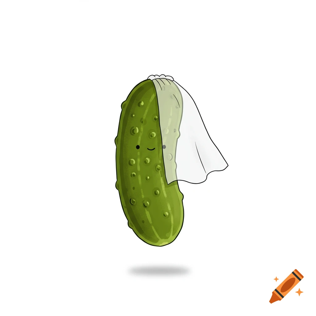 A cartoon pickle with a happy face wears a white wedding veil on a white background.