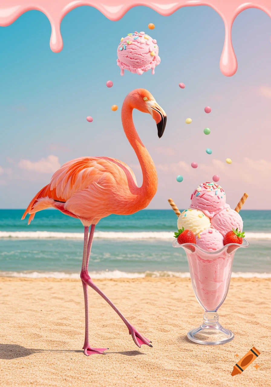 A pink flamingo stands on a sandy beach next to an ice cream sundae, with sprinkles and a floating ice cream scoop under a pink-dripped sky.