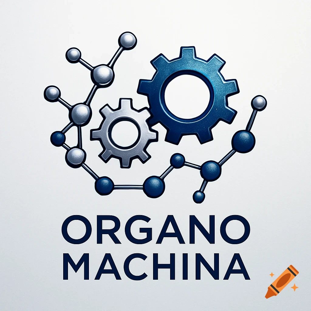 A logo featuring a blue gear and a silver gear intertwined with abstract grey and blue molecular structures, above the text 'ORGANO MACHINA'.
