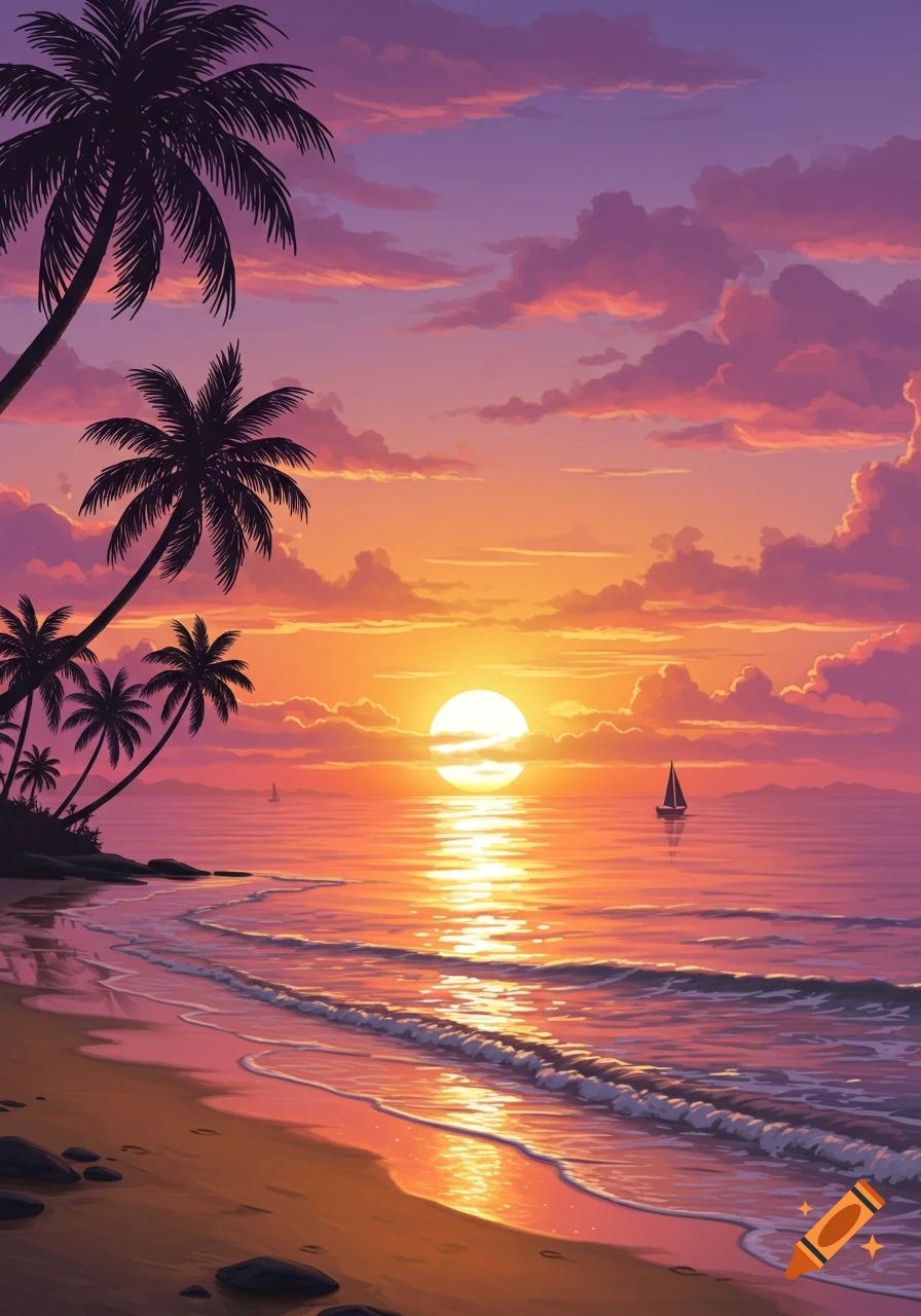 A vibrant sunset over a tropical beach with palm tree silhouettes and a sailboat on the horizon.