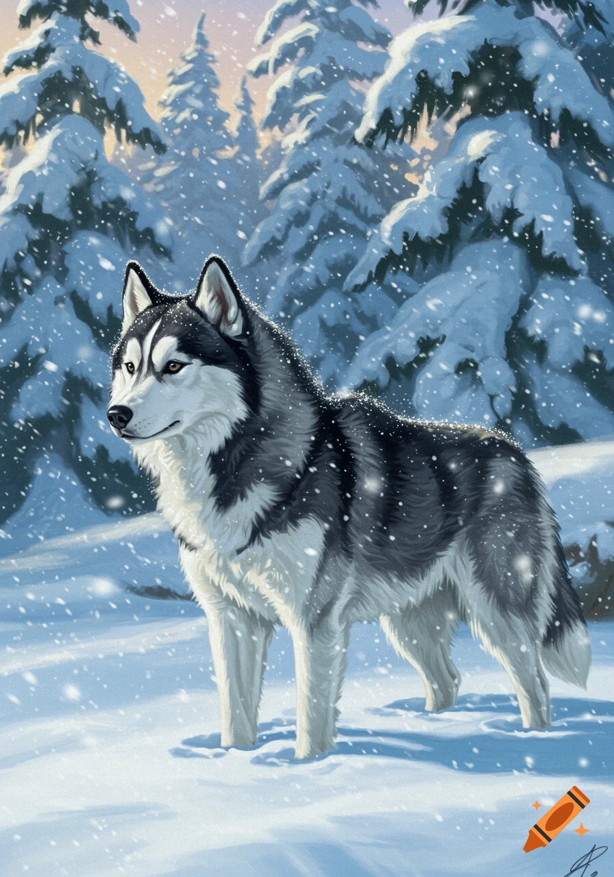 A husky dog with black and white fur stands in a snowy forest during snowfall, in an animated illustration style.