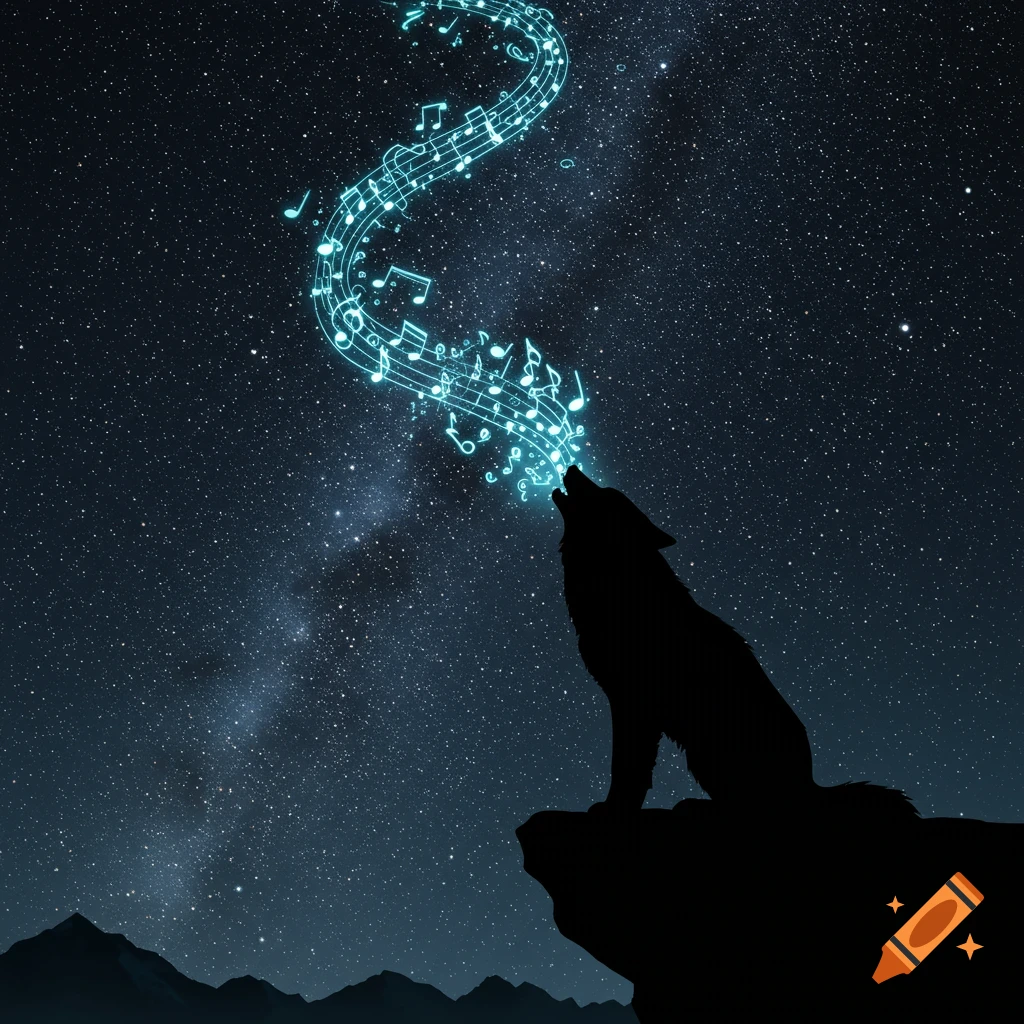 Silhouette of a wolf howling on a cliff, with glowing blue music notes rising from its mouth into a starry night sky.