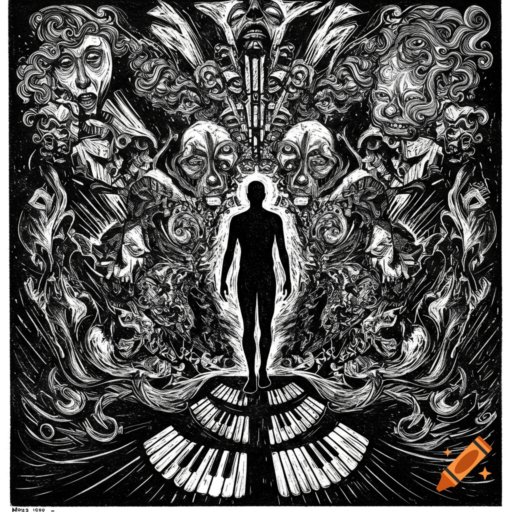 Black and white surreal lino print with a human silhouette on piano keys, engulfed by abstract, grotesque faces.