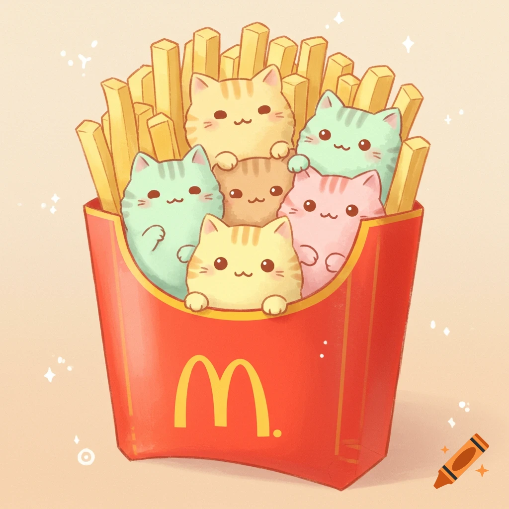 A cute cartoon illustration of several pastel-colored cats peeking out from a red McDonald's french fry box, with fries visible.